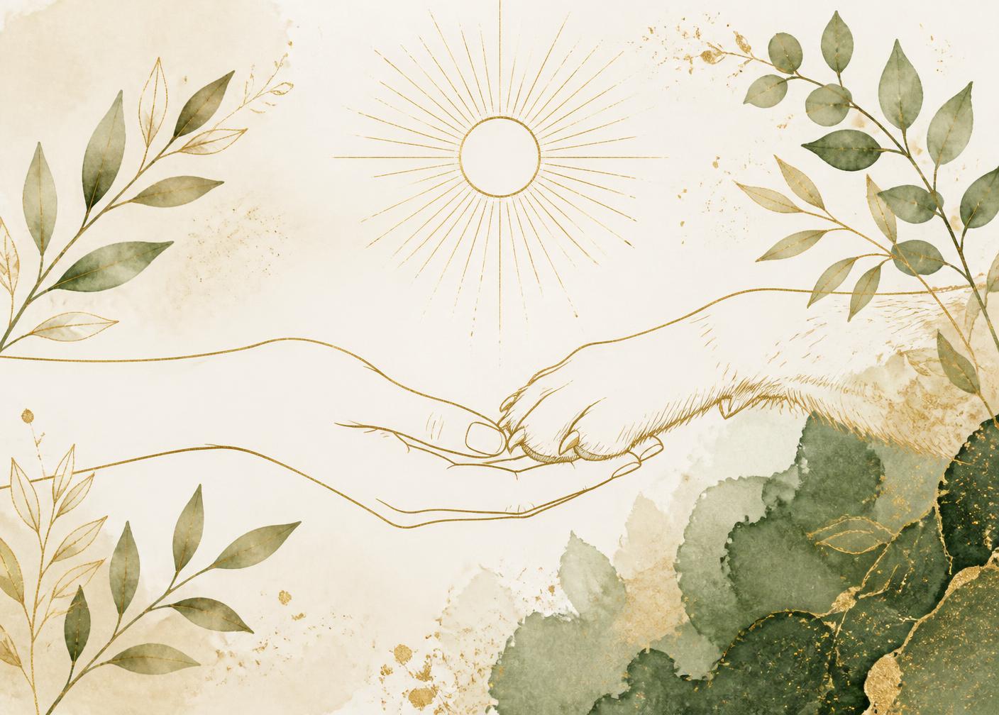 Golden line drawing of a hand and a dog's paw meeting beneath a radiant sun